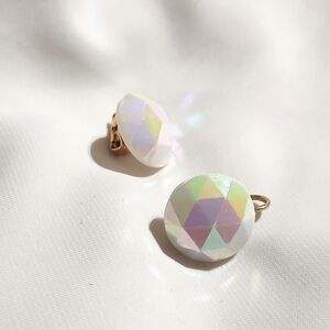 Vintage Iridescent White Aurora Borealis Dome Clip On Earrings